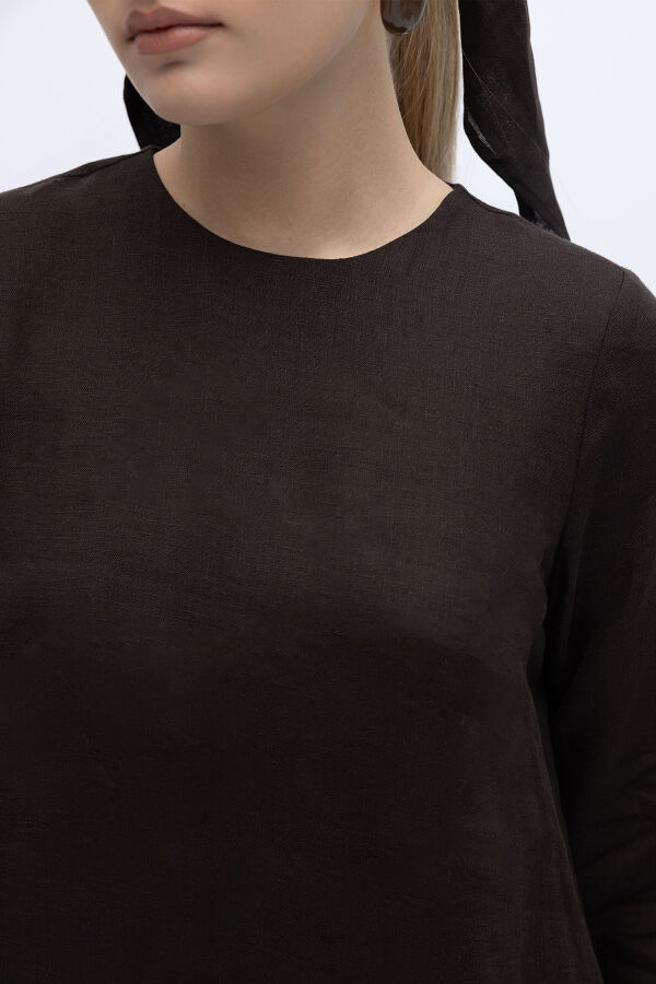 Uzun Kollu Düz Renk Keten Elbise Kahverengi - 3