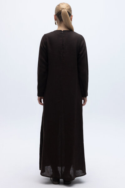 Uzun Kollu Düz Renk Keten Elbise Kahverengi - 4