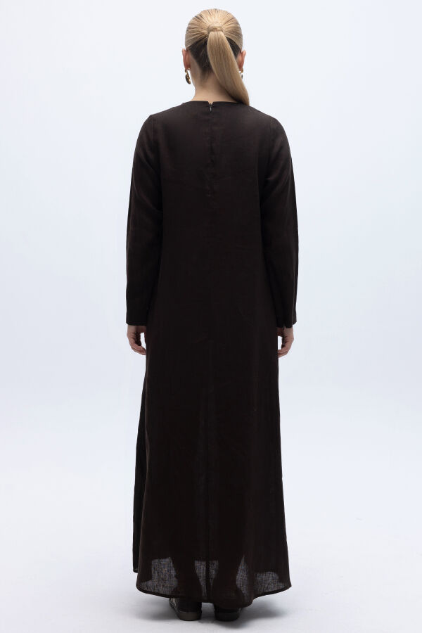 Uzun Kollu Düz Renk Keten Elbise Kahverengi - 4