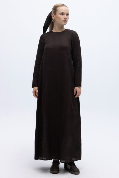 Uzun Kollu Düz Renk Keten Elbise Kahverengi - 5