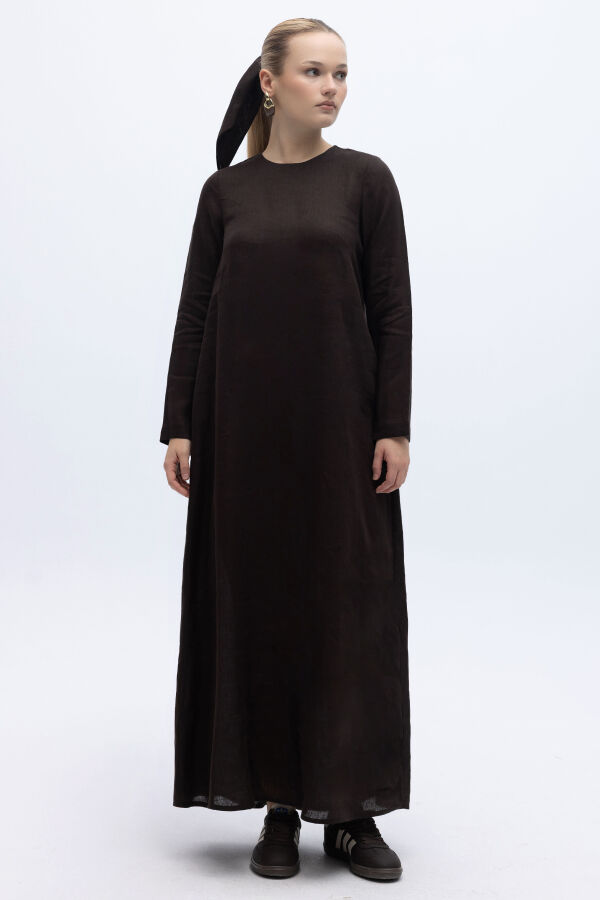 Uzun Kollu Düz Renk Keten Elbise Kahverengi - 5