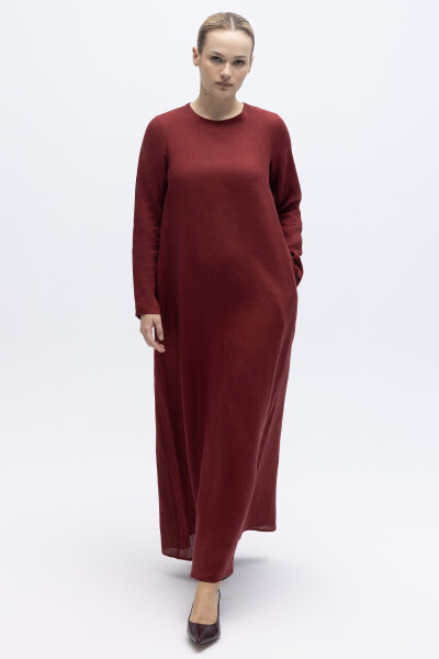 Uzun Kollu Düz Renk Keten Elbise Cherry 