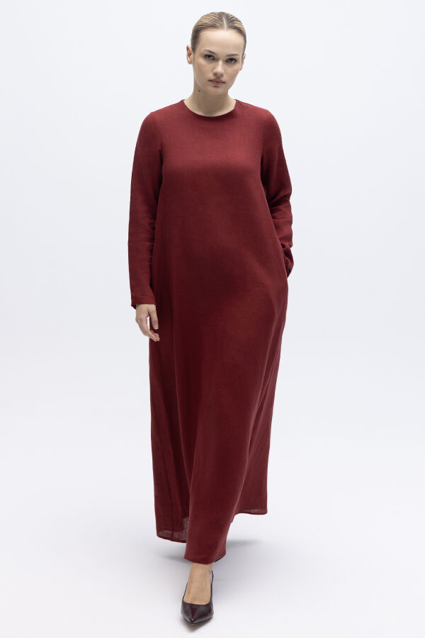 Uzun Kollu Düz Renk Keten Elbise Cherry - 1