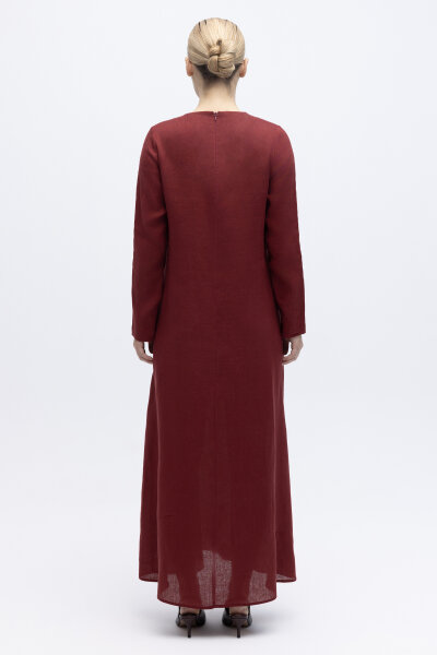 Uzun Kollu Düz Renk Keten Elbise Cherry - 2