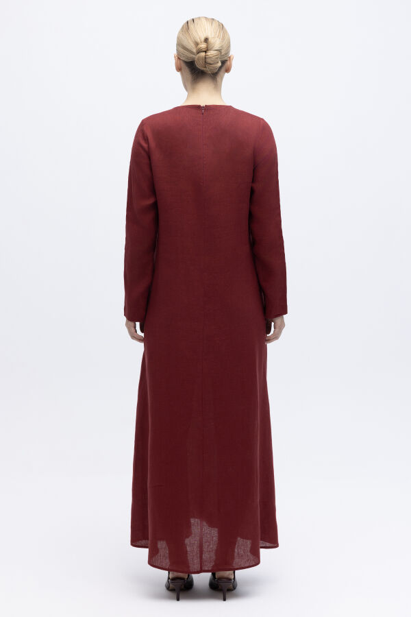 Uzun Kollu Düz Renk Keten Elbise Cherry - 2