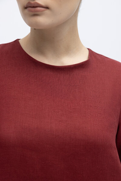 Uzun Kollu Düz Renk Keten Elbise Cherry - 3