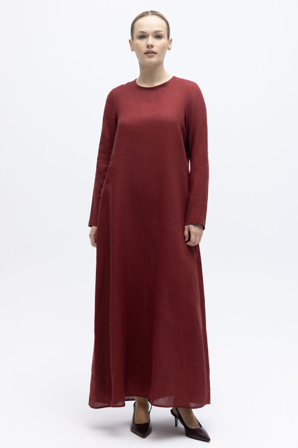 Uzun Kollu Düz Renk Keten Elbise Cherry - 4