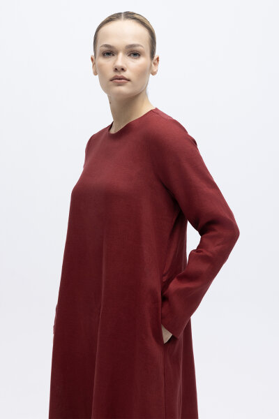 Uzun Kollu Düz Renk Keten Elbise Cherry - 5