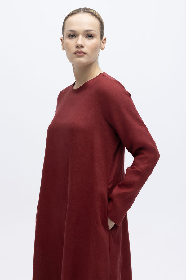 Uzun Kollu Düz Renk Keten Elbise Cherry - 5