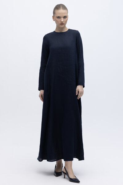 Uzun Kollu Düz Renk Keten Elbise Lacivert 