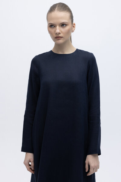 Uzun Kollu Düz Renk Keten Elbise Lacivert - 2