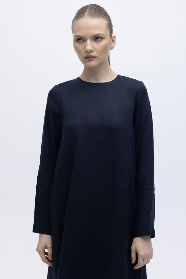 Uzun Kollu Düz Renk Keten Elbise Lacivert - 2