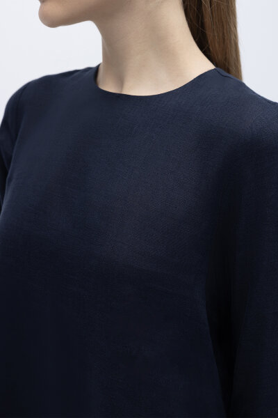 Uzun Kollu Düz Renk Keten Elbise Lacivert - 3