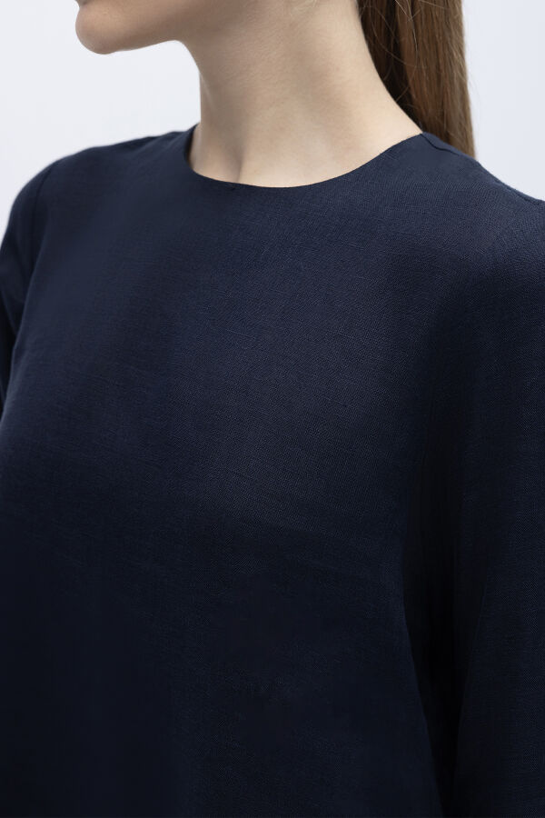 Uzun Kollu Düz Renk Keten Elbise Lacivert - 3