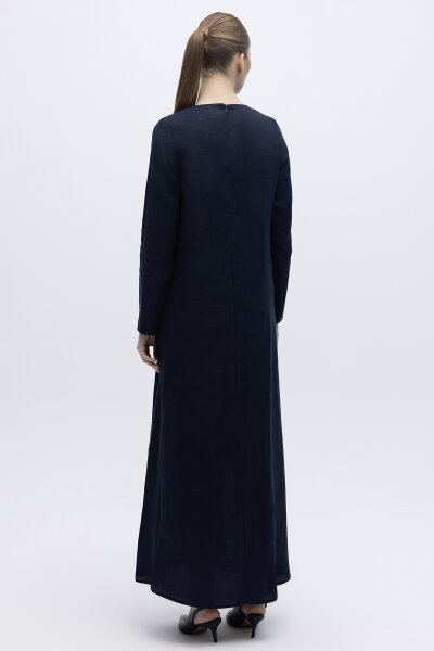 Uzun Kollu Düz Renk Keten Elbise Lacivert - 4