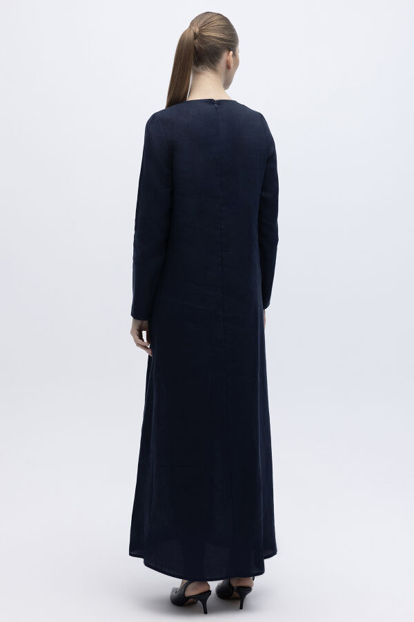 Uzun Kollu Düz Renk Keten Elbise Lacivert - 4