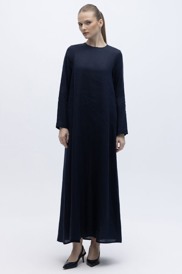 Uzun Kollu Düz Renk Keten Elbise Lacivert - 5