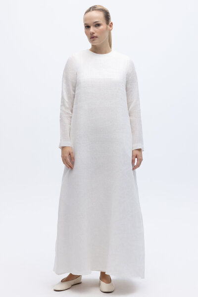 Uzun Kollu Düz Renk Keten Elbise Ekru 
