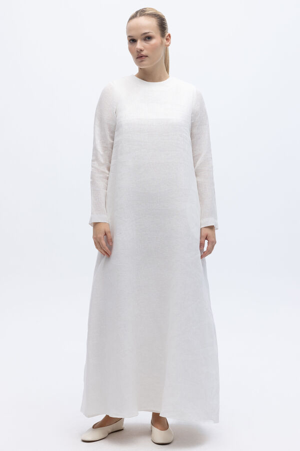 Uzun Kollu Düz Renk Keten Elbise Ekru - 1