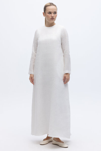 Uzun Kollu Düz Renk Keten Elbise Ekru - 2