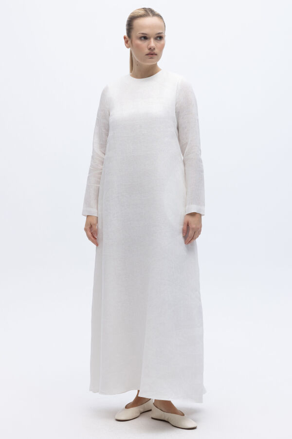 Uzun Kollu Düz Renk Keten Elbise Ekru - 2