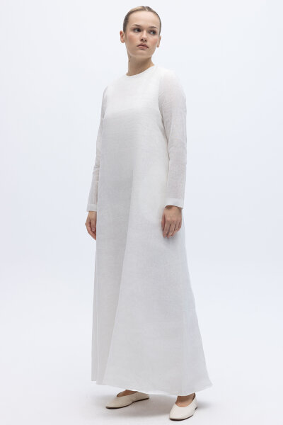 Uzun Kollu Düz Renk Keten Elbise Ekru - 3