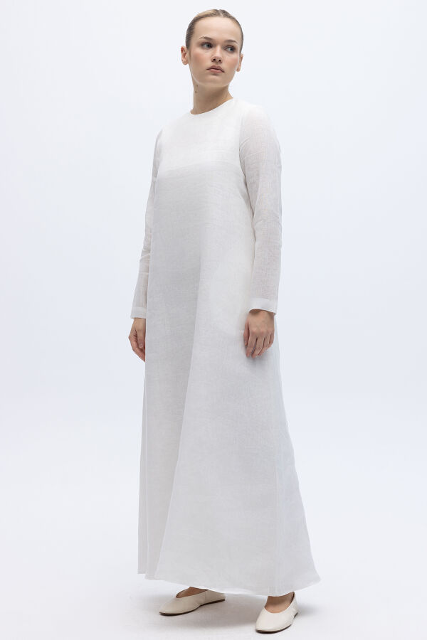 Uzun Kollu Düz Renk Keten Elbise Ekru - 3