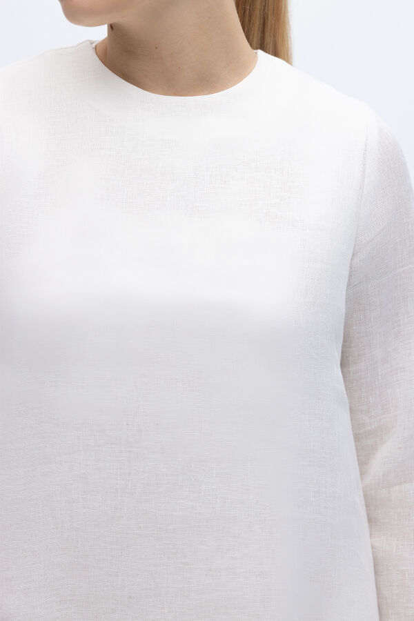 Uzun Kollu Düz Renk Keten Elbise Ekru - 4