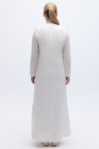Uzun Kollu Düz Renk Keten Elbise Ekru - 5