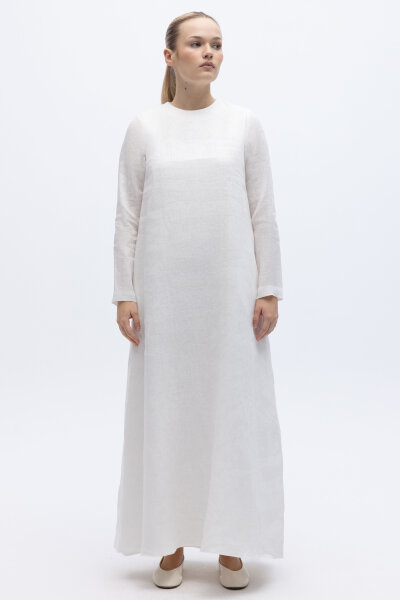 Uzun Kollu Düz Renk Keten Elbise Ekru - 6