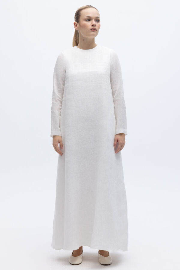 Uzun Kollu Düz Renk Keten Elbise Ekru - 6
