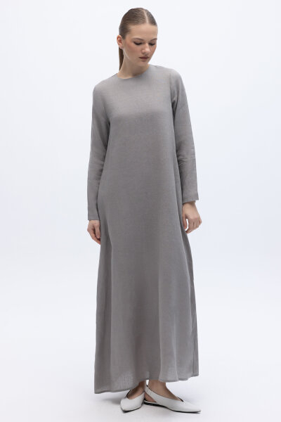 Uzun Kollu Düz Renk Keten Elbise Gri 