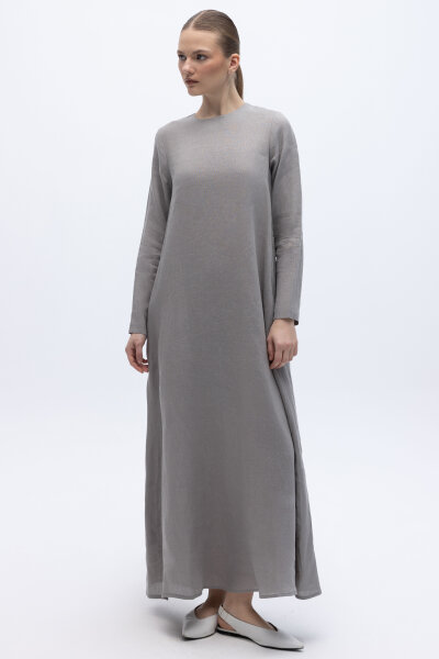 Uzun Kollu Düz Renk Keten Elbise Gri - MISS DALIDA (1)