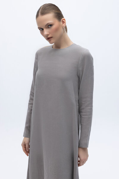 Uzun Kollu Düz Renk Keten Elbise Gri - 3