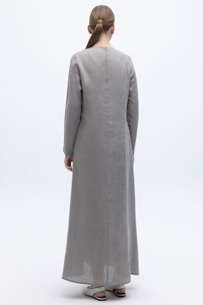 Uzun Kollu Düz Renk Keten Elbise Gri - 4