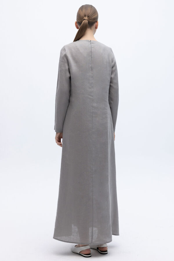 Uzun Kollu Düz Renk Keten Elbise Gri - 4