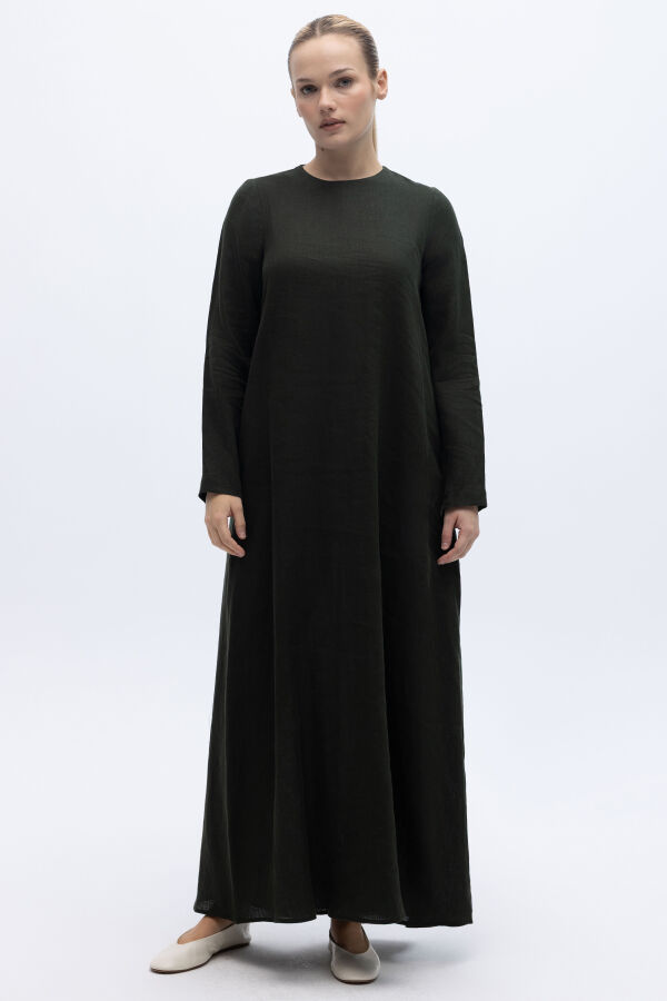 Uzun Kollu Düz Renk Keten Elbise Haki - 1