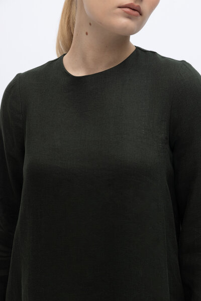 Uzun Kollu Düz Renk Keten Elbise Haki - 2