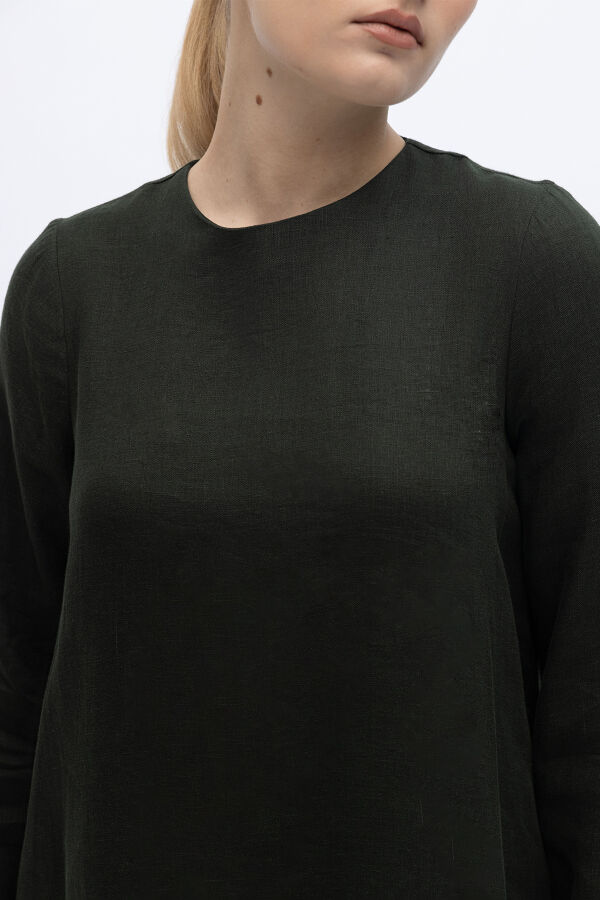 Uzun Kollu Düz Renk Keten Elbise Haki - 2