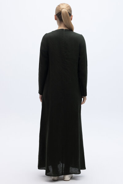 Uzun Kollu Düz Renk Keten Elbise Haki - 3