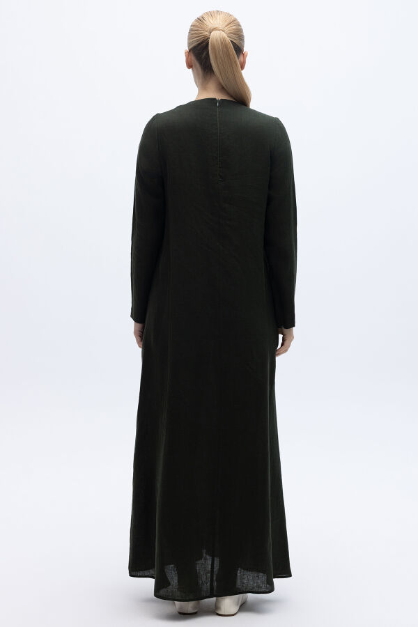 Uzun Kollu Düz Renk Keten Elbise Haki - 3