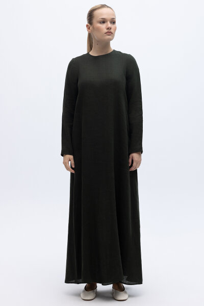 Uzun Kollu Düz Renk Keten Elbise Haki - 4