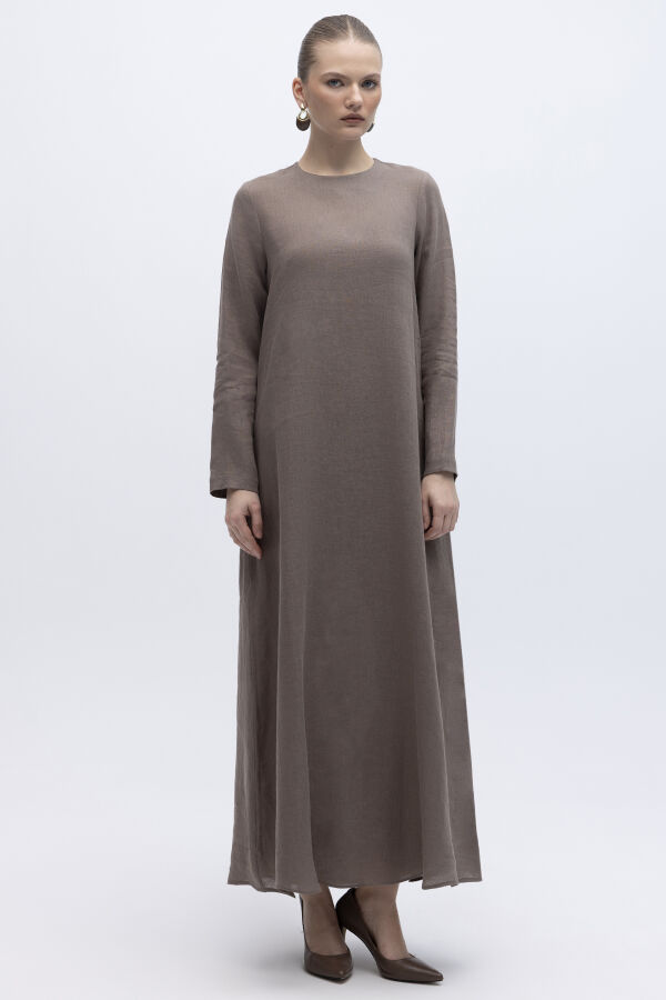 Uzun Kollu Düz Renk Keten Elbise Mink - 1