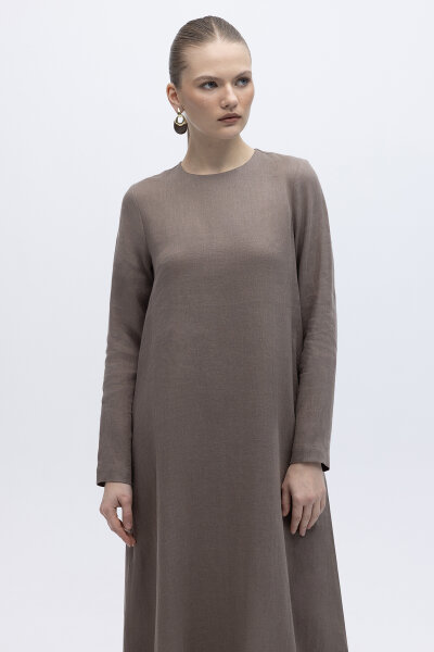 Uzun Kollu Düz Renk Keten Elbise Mink - 2