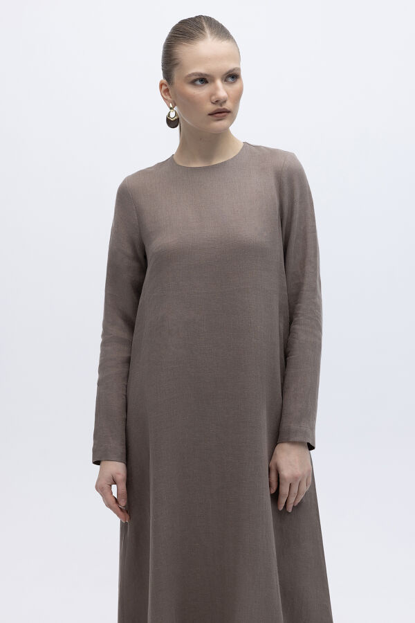 Uzun Kollu Düz Renk Keten Elbise Mink - 2
