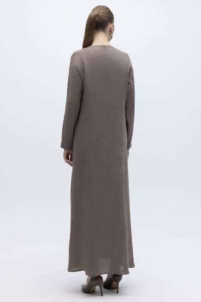 Uzun Kollu Düz Renk Keten Elbise Mink - 3