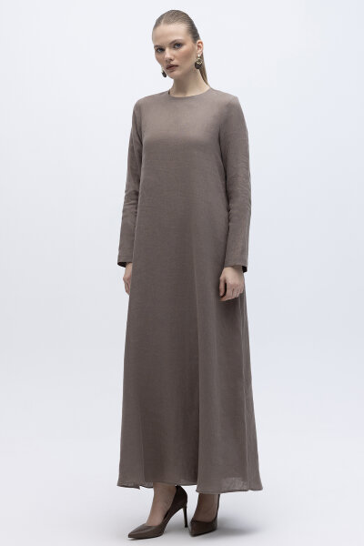 Uzun Kollu Düz Renk Keten Elbise Mink - 4
