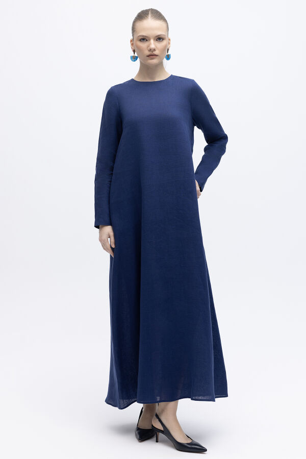 Uzun Kollu Düz Renk Keten Elbise Navy - 1