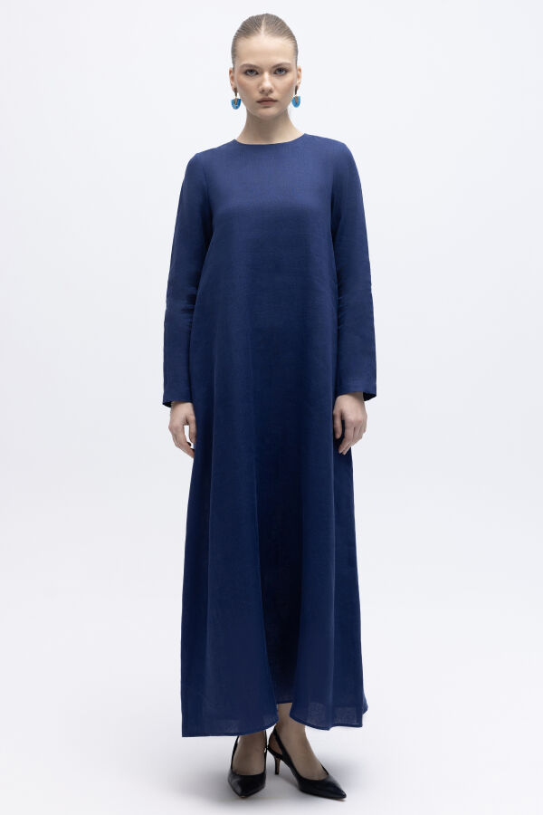 Uzun Kollu Düz Renk Keten Elbise Navy - 2