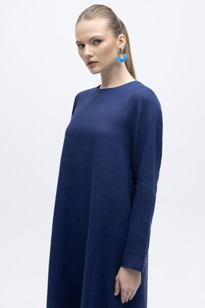 Uzun Kollu Düz Renk Keten Elbise Navy - 3